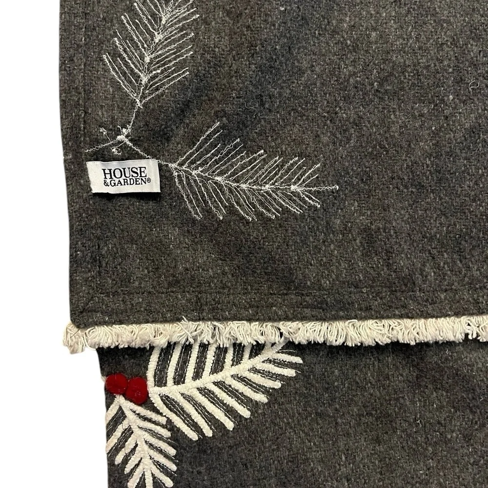 House & Garden Gray Wool Blend Holiday Table Runner w/ Boughs & Red Berries